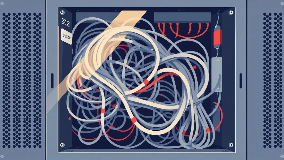 Illustration: A tangled nest of grey cables snakes through an open server chassis, revealing hidden connections between components.