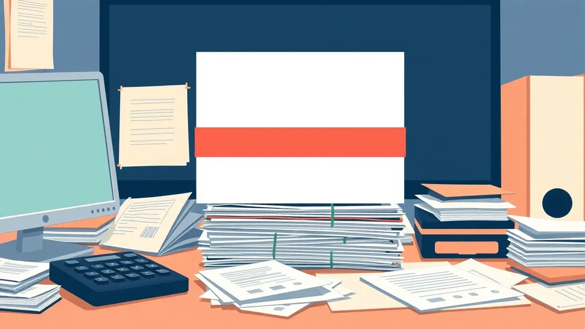 Illustration: A cluttered office desk holds a single white paper shield resting on top of scattered invoices and a calculator.