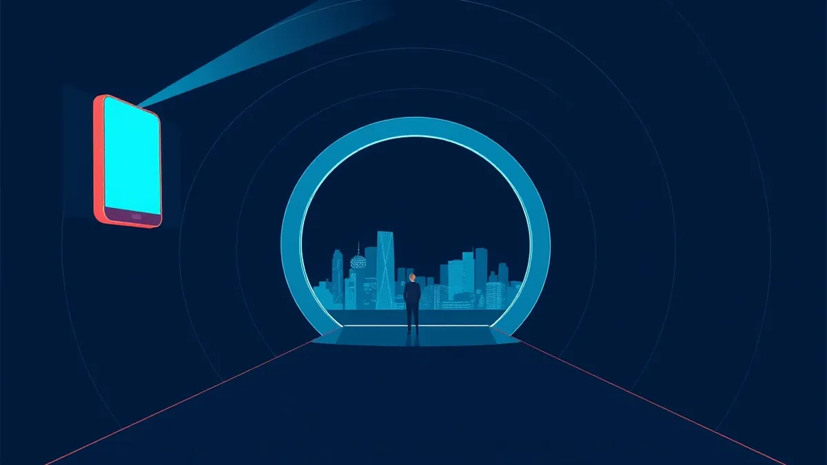 Illustration: A transparent glass tunnel curves through a dark digital landscape.