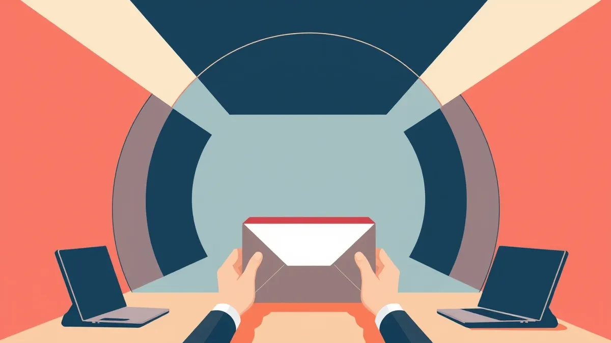 Illustration: A sealed wax envelope glides through a transparent glass tunnel, its surface reflecting light as it moves forward.