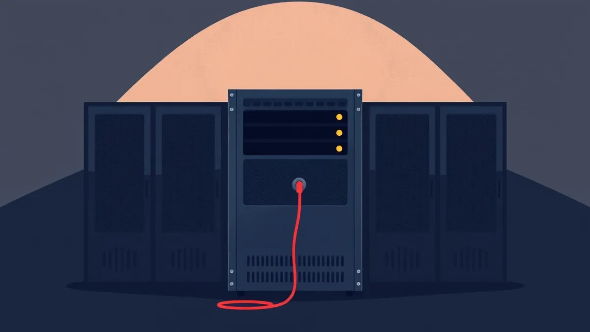 Illustration: A gray metal server sits in a dark room with its indicator lights completely dark.