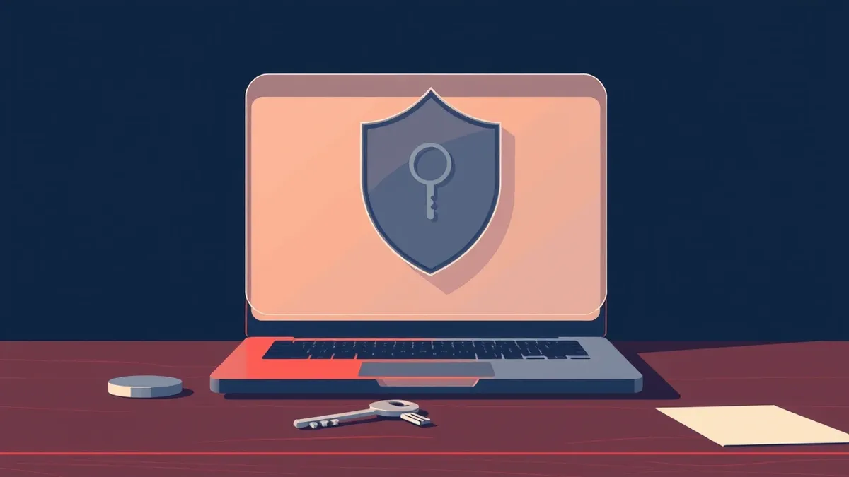 Illustration: A closed laptop sits on a wooden desk next to a single silver key.