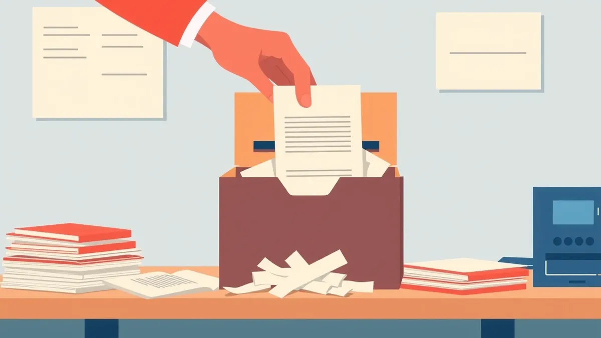 Illustration: A small office desk holds a single cardboard box filled with scattered paper files.