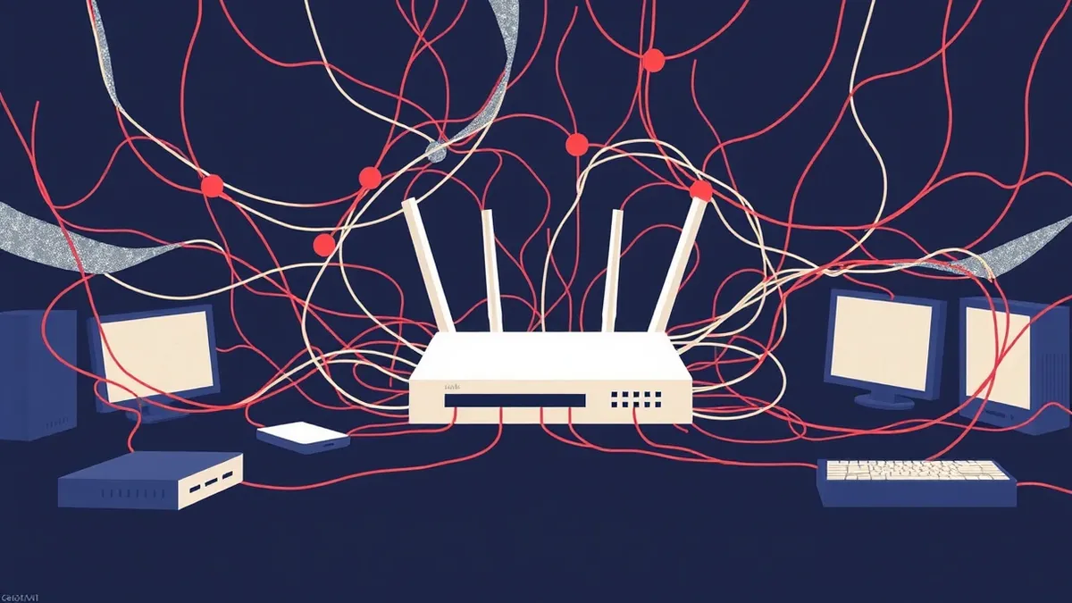 Illustration: A tangled web of thin, colorful threads connects a central white router to various devices in a dark room.