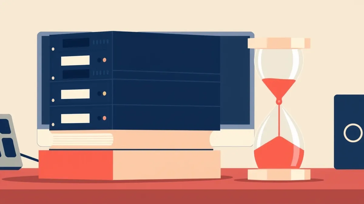 Illustration: A stack of blank hard drives sits on a desk next to a simple hourglass with sand flowing through the narrow neck.
