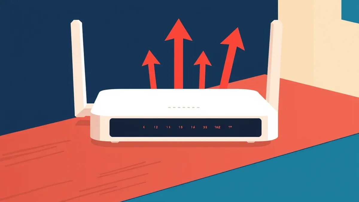 Illustration: A white consumer wireless router sits on a wooden table.