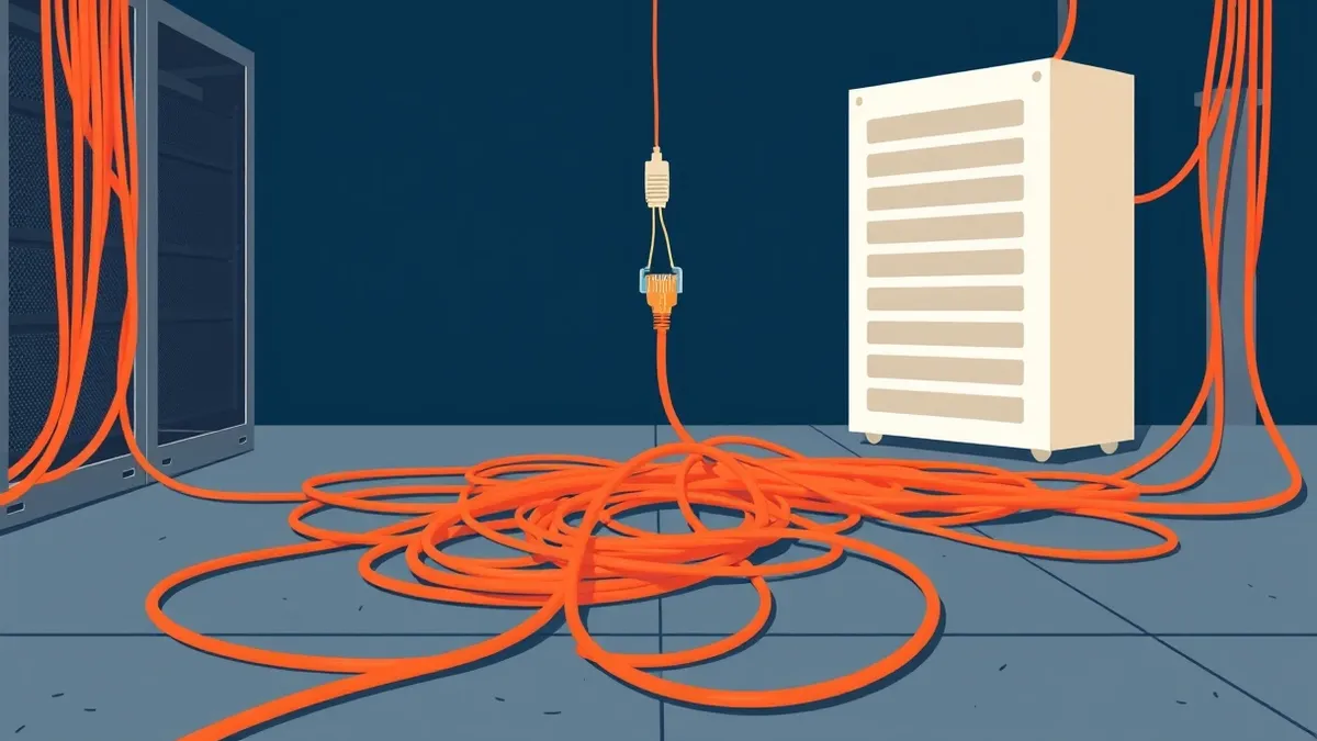 Illustration: A thick tangle of orange ethernet cables snakes across a concrete floor, connecting to an empty metal server rack on the left and a sleek white storage array on the r