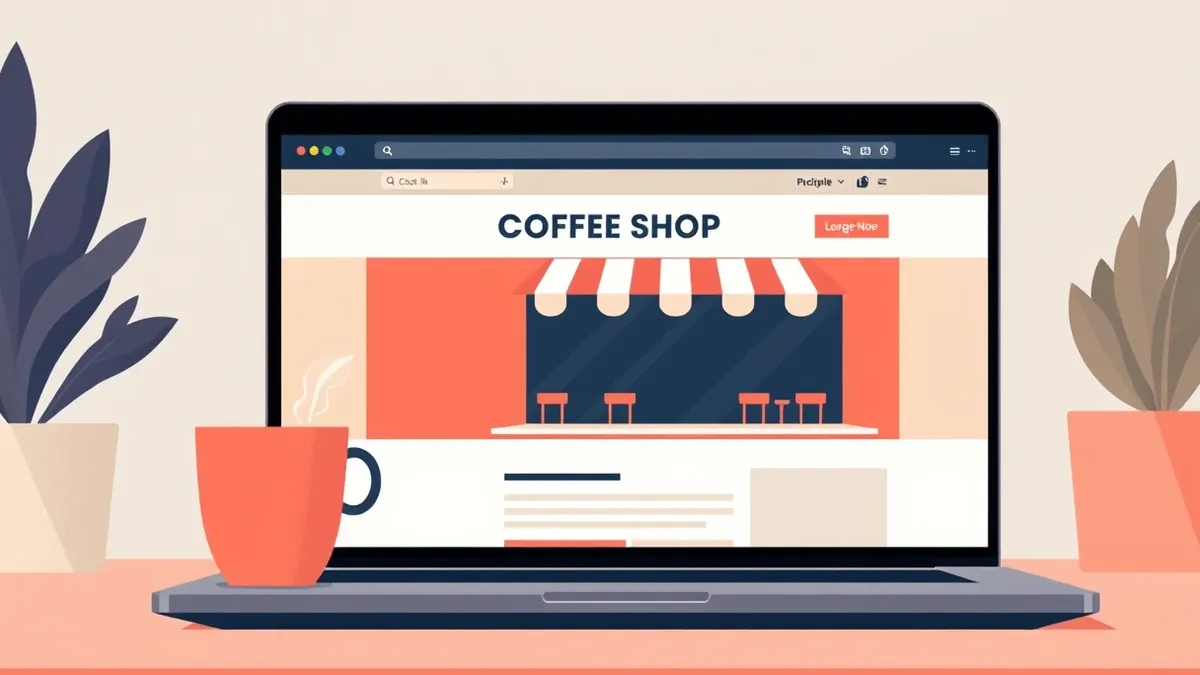 Illustration: A familiar coffee shop website sits on a laptop screen, but its code structure subtly shifts to inject a malicious download link.