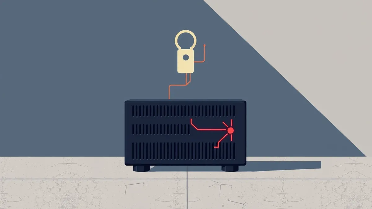 Illustration: A solitary black firewall appliance sits on a concrete floor.
