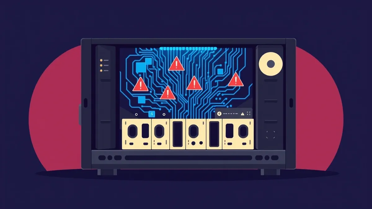 Illustration: A sleek black server chassis sits open, revealing a tangled mass of glowing blue circuitry leaking from exposed ports.