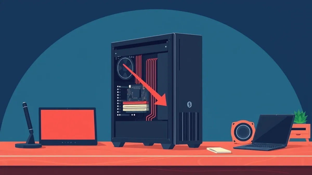 Illustration: A sleek black tower computer sits on a wooden desk with its side panel removed to reveal internal circuitry.