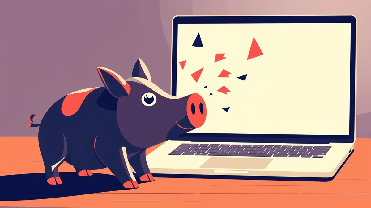 Illustration: A cracked, hollow plastic toy pig sits on a wooden desk beside an open laptop displaying a blank white screen.