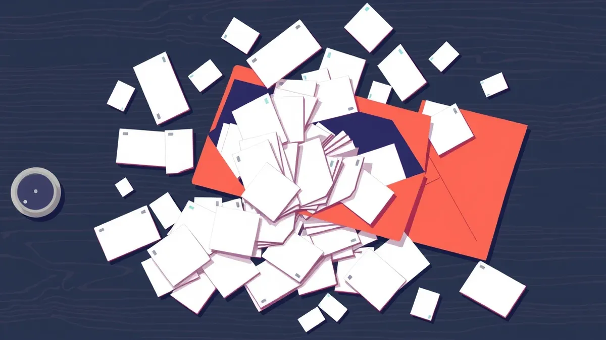 Illustration: A chaotic pile of blank white cards tumbles from a torn open envelope onto a dark wooden desk.