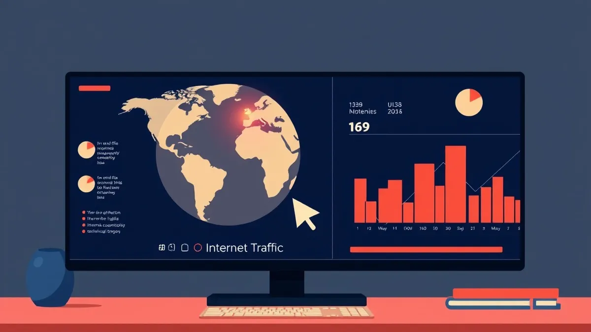Illustration: A sleek digital interface displays a simplified globe with glowing data points representing internet traffic.
