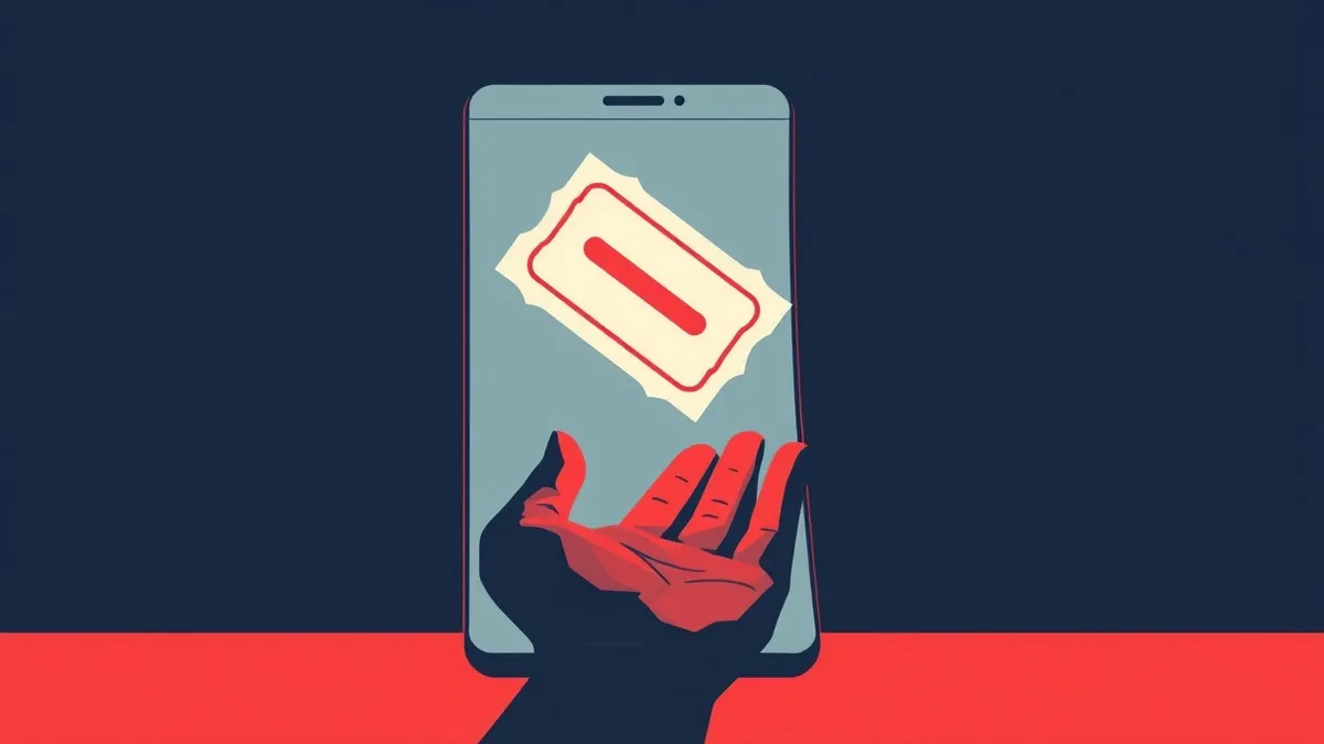 Illustration: A glowing, translucent ticket floats in mid-air, drifting away from a blank smartphone screen toward a dark, open hand.