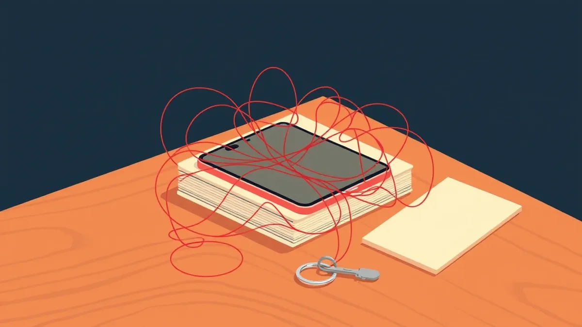 Illustration: A smartphone rests on a wooden table.