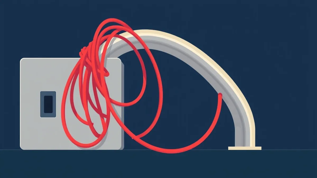 Illustration: A tangled knot of thin red wires grows from a small input slot on a sleek metal box.