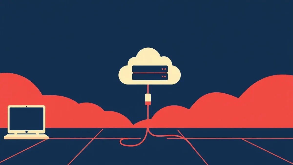 Illustration: A cloud server icon floats in empty digital space, its connection cable dangling loose.