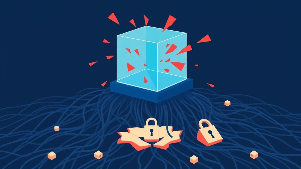 Illustration: A transparent glass cube floats above a chaotic tangle of dark wires, representing a cloud workload.
