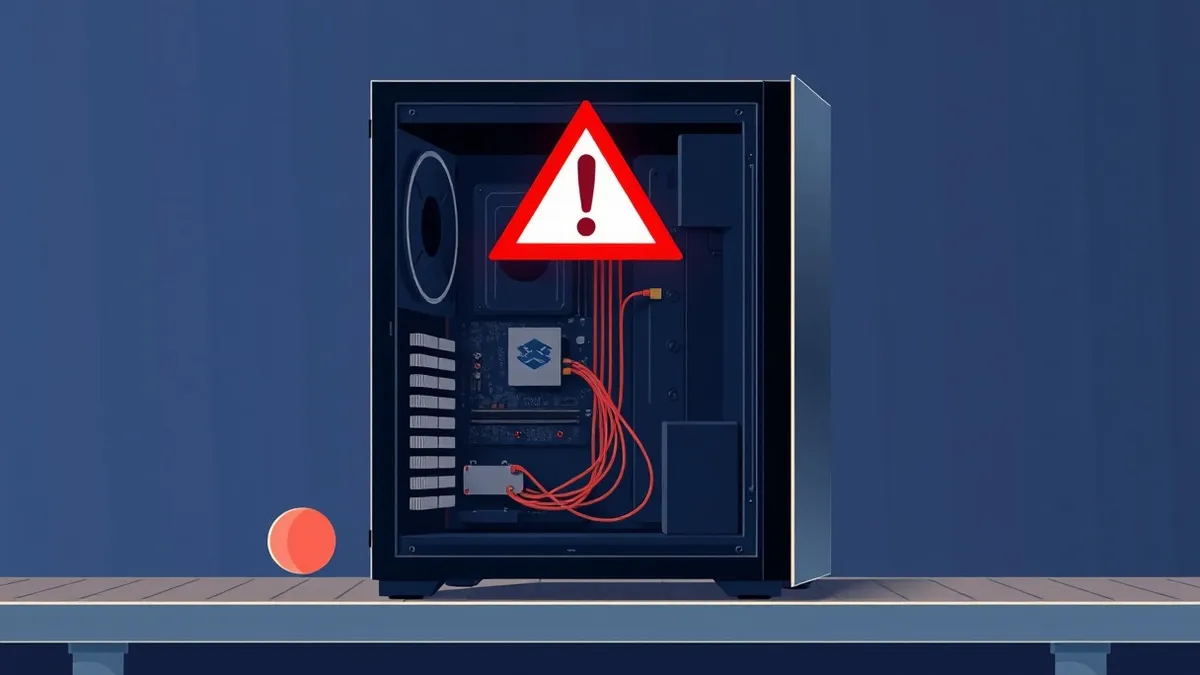 Illustration: A sleek black server tower sits open on a metal workbench, its internal circuitry exposed to the air.