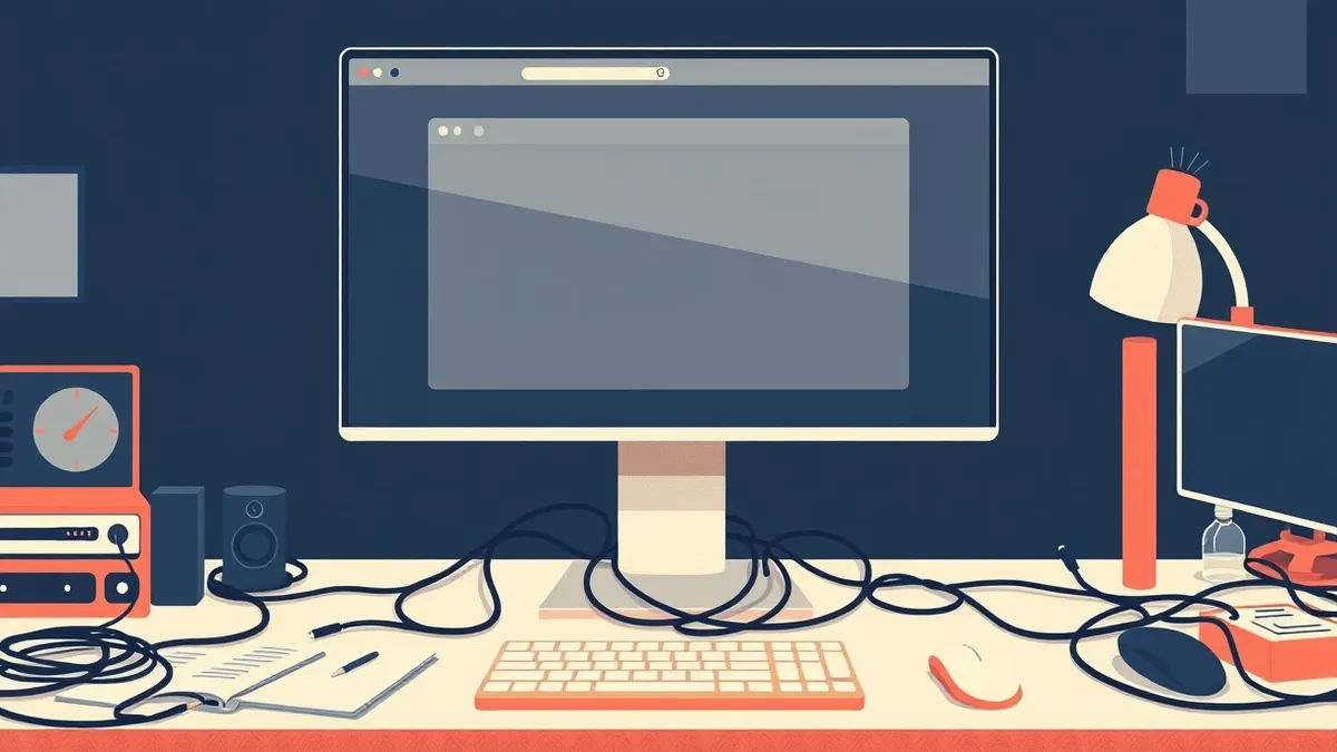 Illustration: A cluttered desktop shows a sleek, modern computer monitor displaying a blank browser window with a single generic download progress bar.