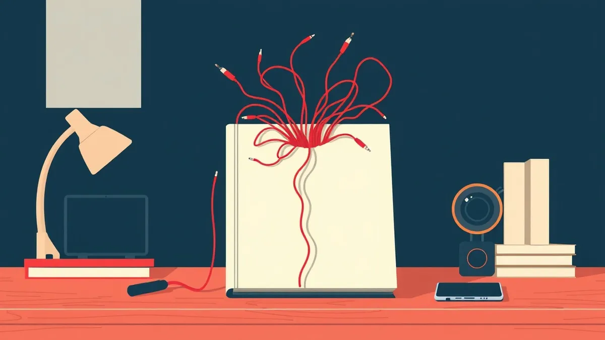 Illustration: A blank white book cover sits tilted on a wooden desk, its spine cracked open to reveal tangled red wires spilling out like guts, symbolizing the dangerous code injec