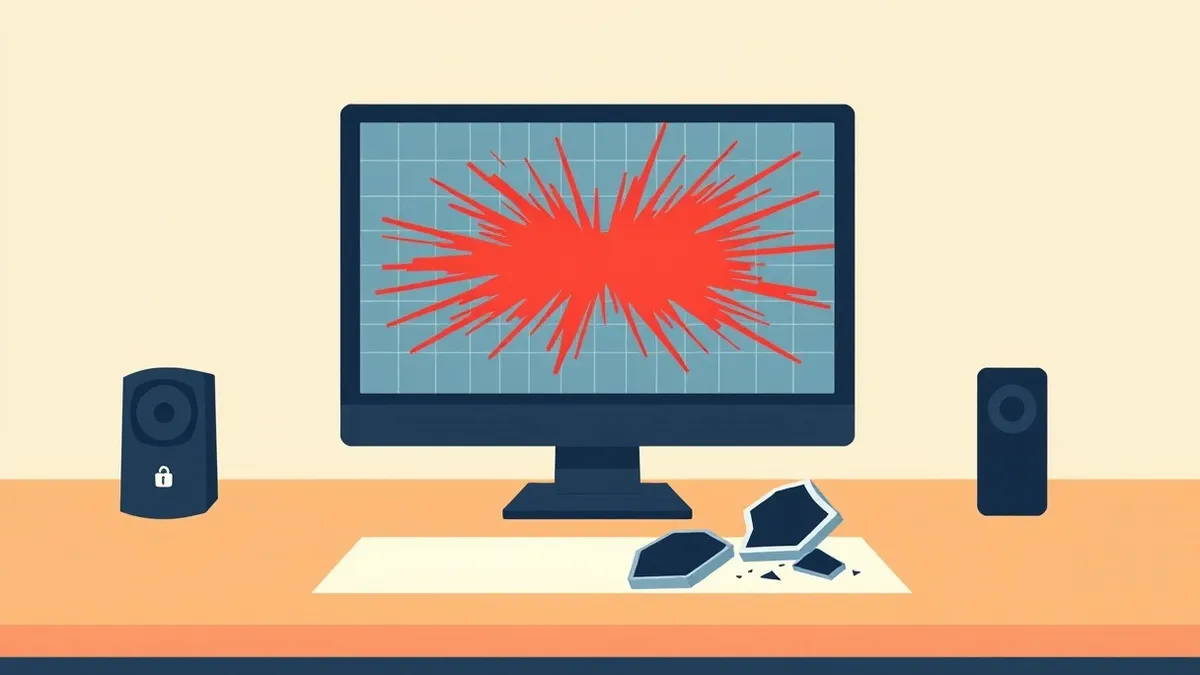Illustration: A sleek black computer sits on a wooden desk, its screen displaying a chaotic burst of jagged red lines piercing through a smooth blue grid.