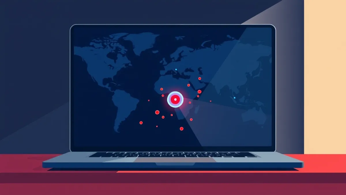 Illustration: A laptop screen displays a map of interconnected nodes glowing in dark blue.