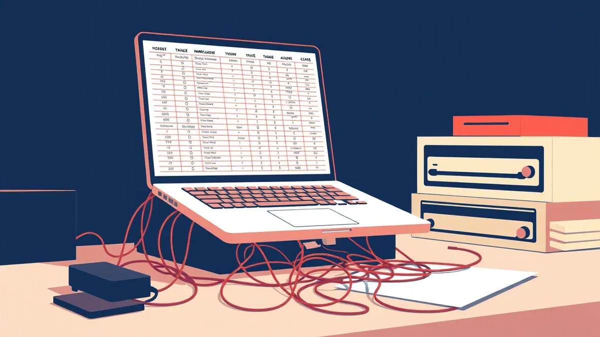 Illustration: A single laptop sits on a cluttered desk, its screen glowing with blank white database tables.