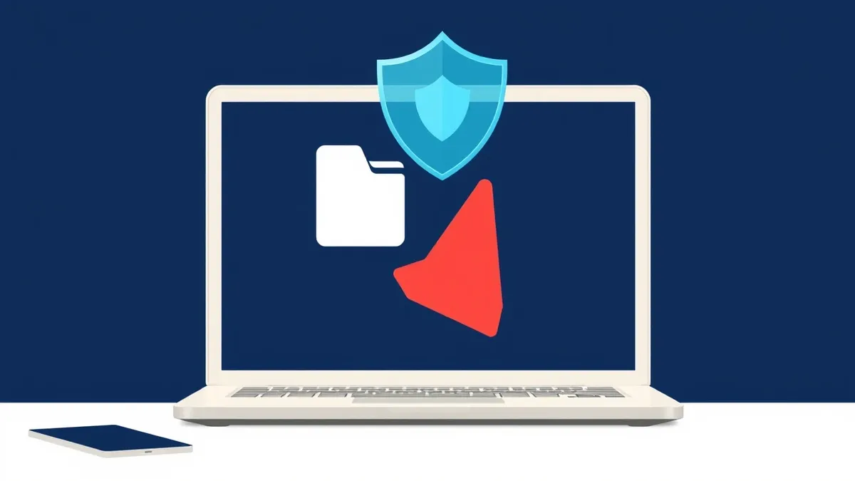 Illustration: A sleek silver laptop sits on a clean desk, its screen displaying a single abstract file icon.