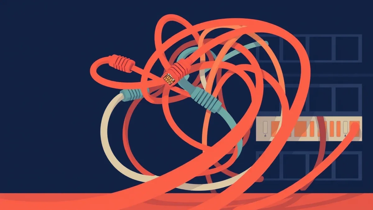 Illustration: A tangled knot of colorful Ethernet cables replaces the neat rows of a network switch, with several strands looping away toward a shadowed void instead of connecting 