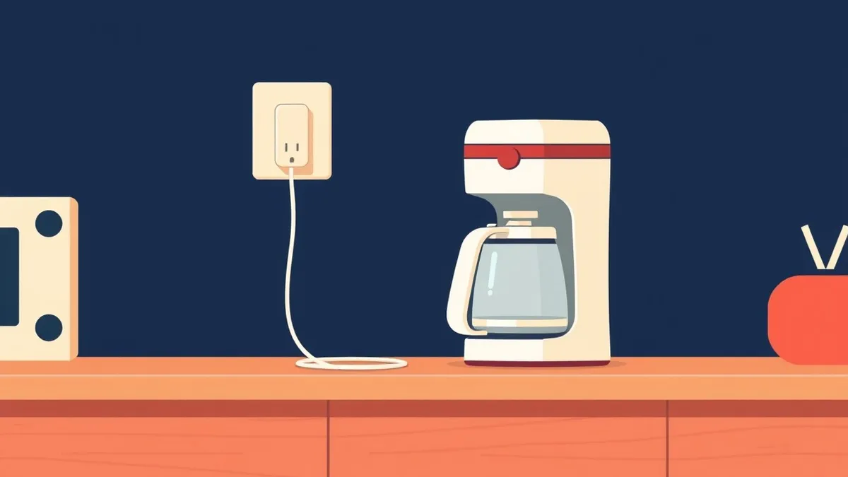 Illustration: A white coffee maker sits on a wooden kitchen counter with its power cord pulled out and dangling loosely beside the electrical outlet, emphasizing the physical disco