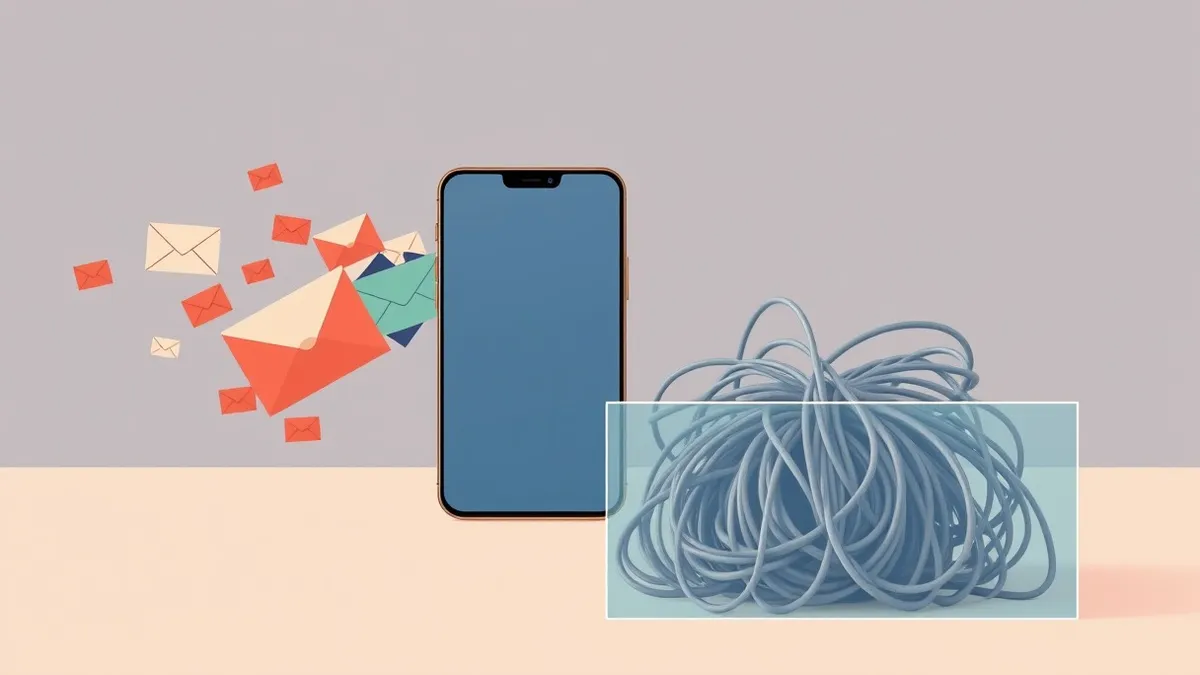 Illustration: A single smartphone rests on a clean desk, displaying a blank messaging interface.