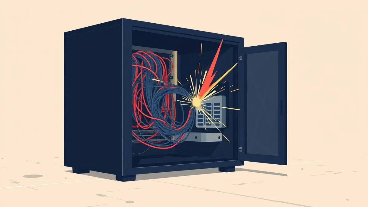 Illustration: A sleek black server tower sits on a concrete floor with its side panel removed.