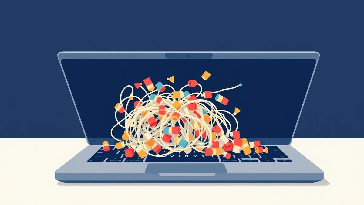 Illustration: A tangled mass of sticky gum adheres to the underside of a sleek laptop keyboard.