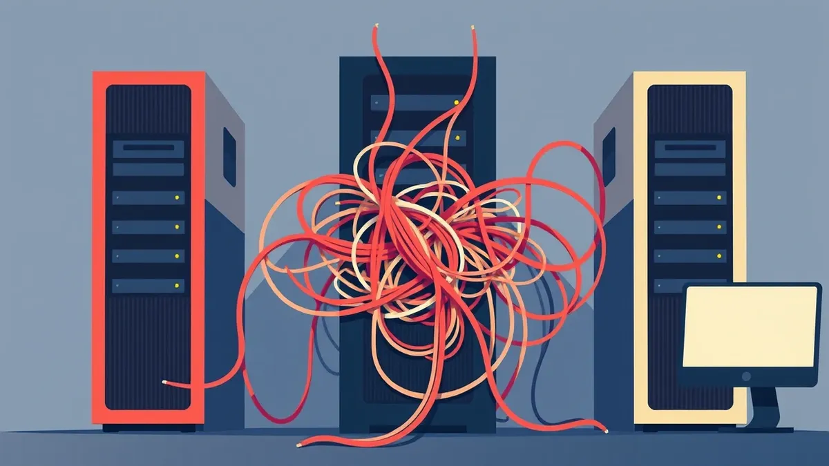 Illustration: A tangled knot of thick, mismatched cables connects three distinct server towers, each painted a different bright color, forming a chaotic web that obscures the indiv
