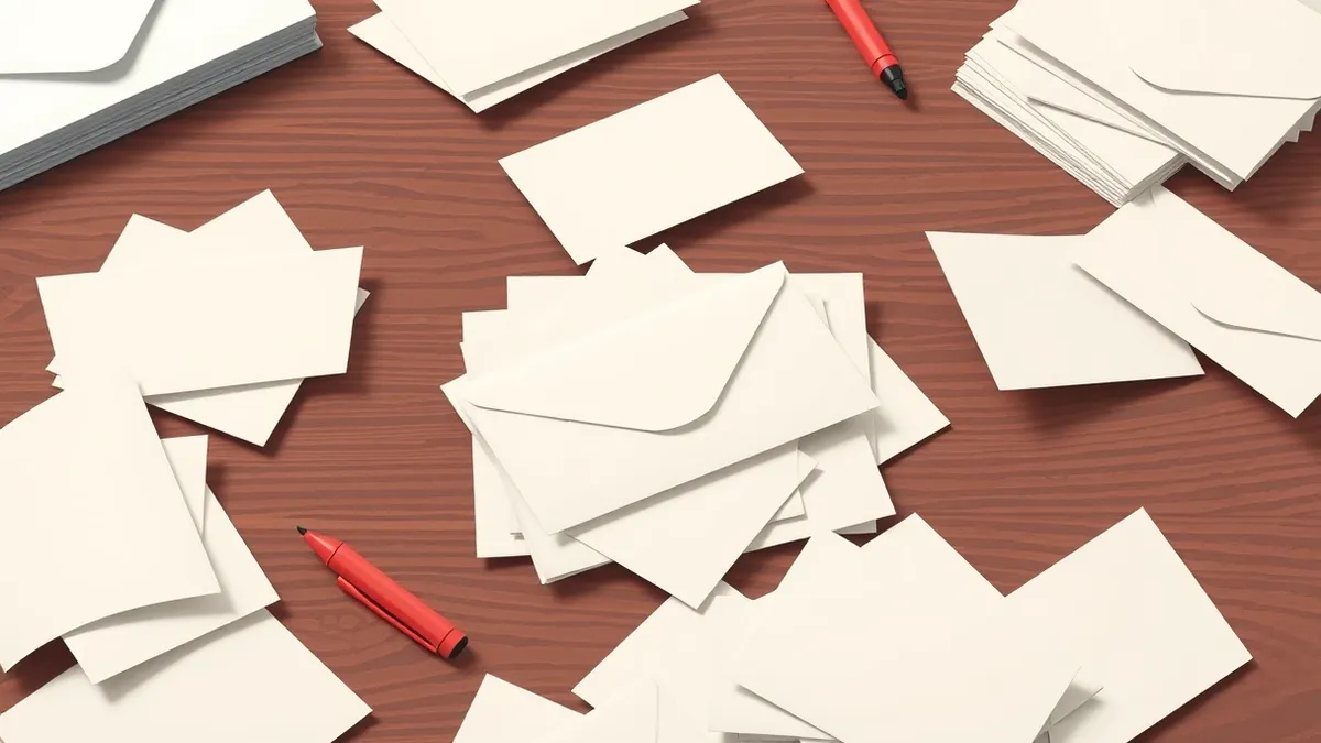 Illustration: A scattered pile of blank white envelopes lies on a wooden desk.