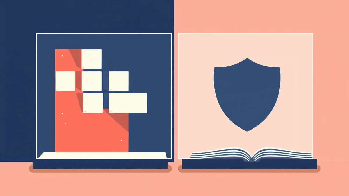 Illustration: A split glass pane divides two abstract geometric structures, with a translucent privacy shield overlaying the right side.