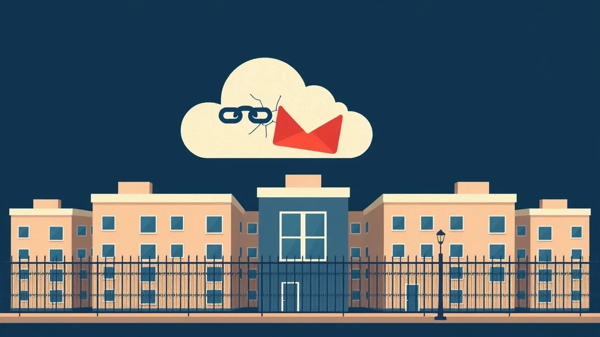 Illustration: A floating cloud icon with a broken chain link hovers above a row of uniform office buildings.