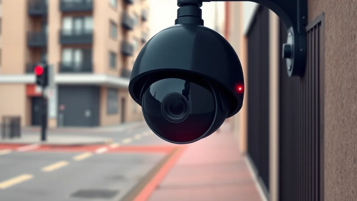 Illustration: A sleek black dome security camera hangs from a metal bracket above a blurred urban street corner.