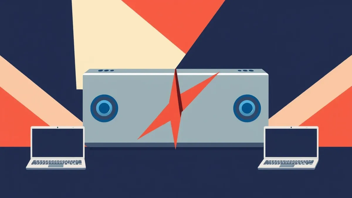 Illustration: A sleek silver firewall sits idle while a jagged red splinter pierces straight through its center.