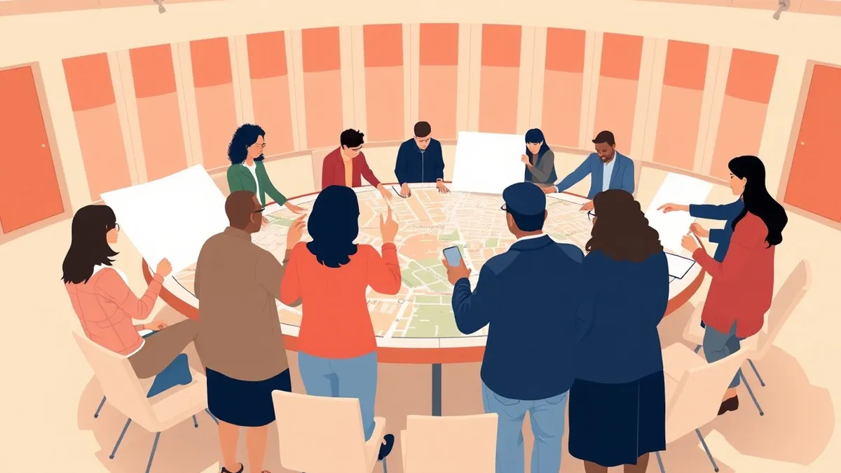 Illustration: A diverse group of community members stands around a circular table in a bright hall, pointing at large blank maps spread across the surface.