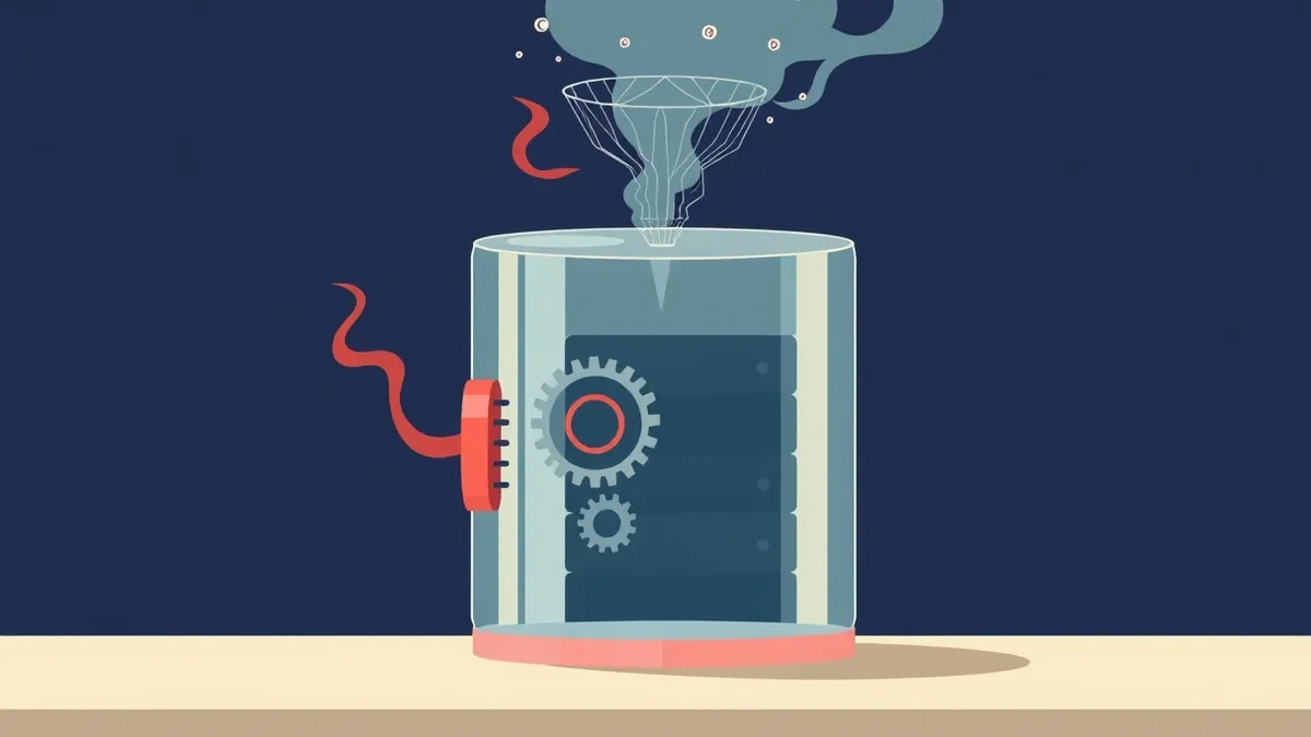 Illustration: A transparent glass database cylinder sits on a desk with internal gears turning.