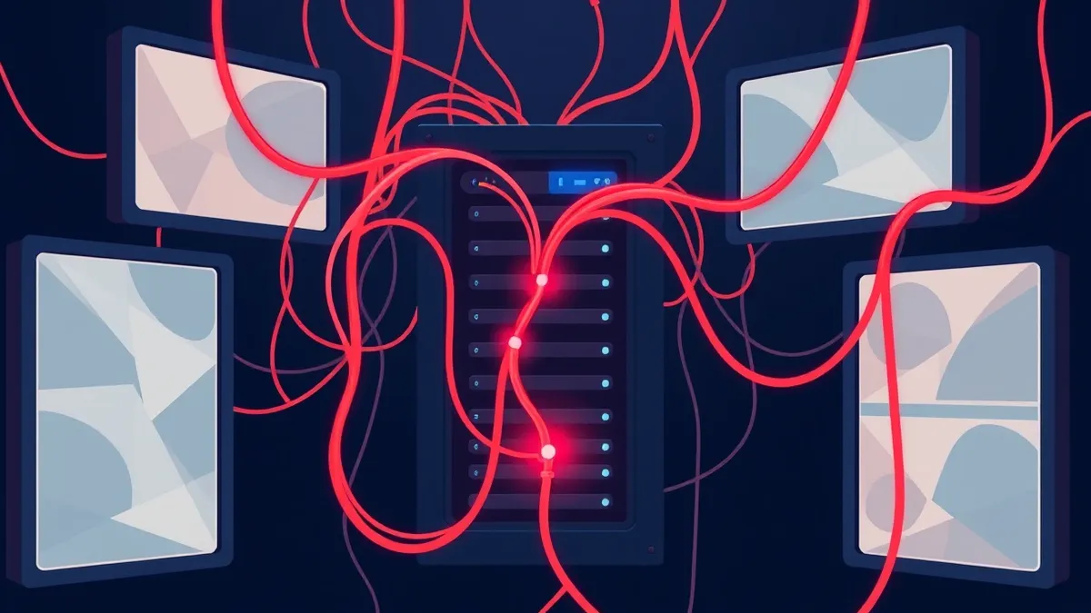 Illustration: A tangled web of glowing red and blue telephone cords connects to a central server box.