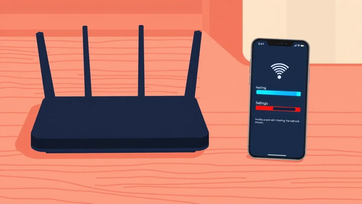 Illustration: A sleek black wireless router sits on a wooden table next to a smartphone displaying a blank settings screen with two identical Wi-Fi signal bars.