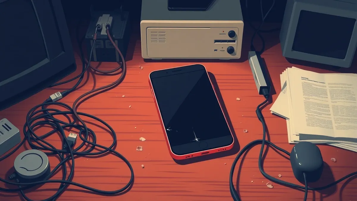 Illustration: A cracked smartphone screen sits abandoned on a dusty wooden desk, surrounded by tangled cables and obsolete computer peripherals.