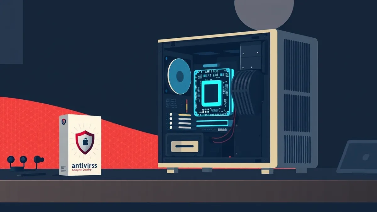 Illustration: A disassembled desktop computer sits on a dark workbench with its motherboard exposed and glowing faintly blue.