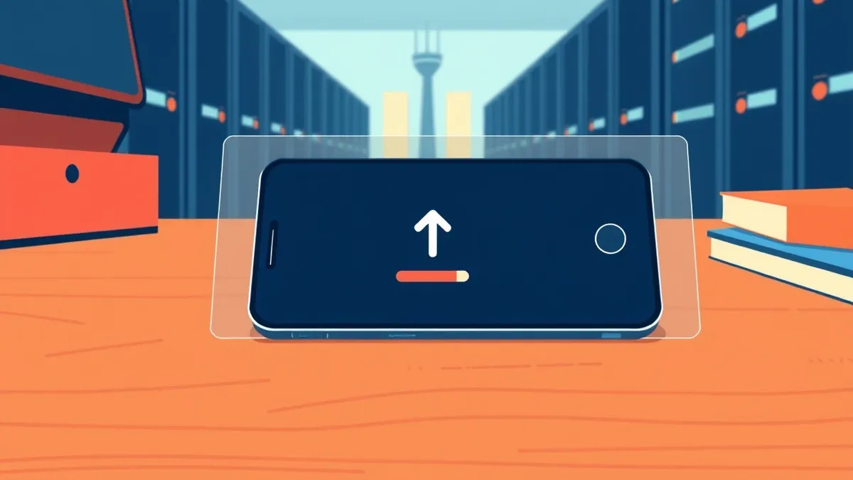 Illustration: A sleek smartphone rests on a wooden desk, its screen displaying a simple upload progress bar.