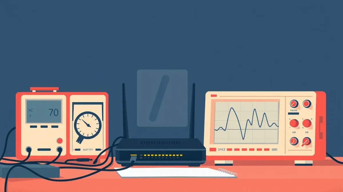 Illustration: A small office router sits on a cluttered desk beside a power meter and an oscilloscope.