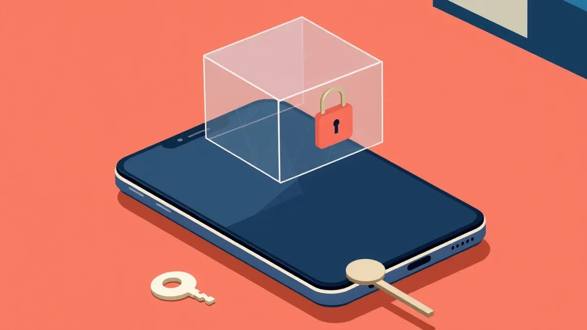 Illustration: A sleek smartphone rests on a wooden desk beside a small physical key.
